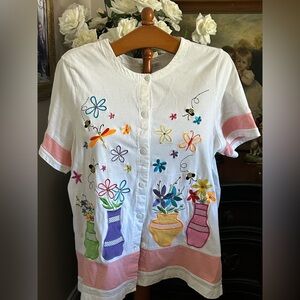Vintage Onque Woman Floral Embroidered Cotton Shirt White Pink Sz 1X Button up
